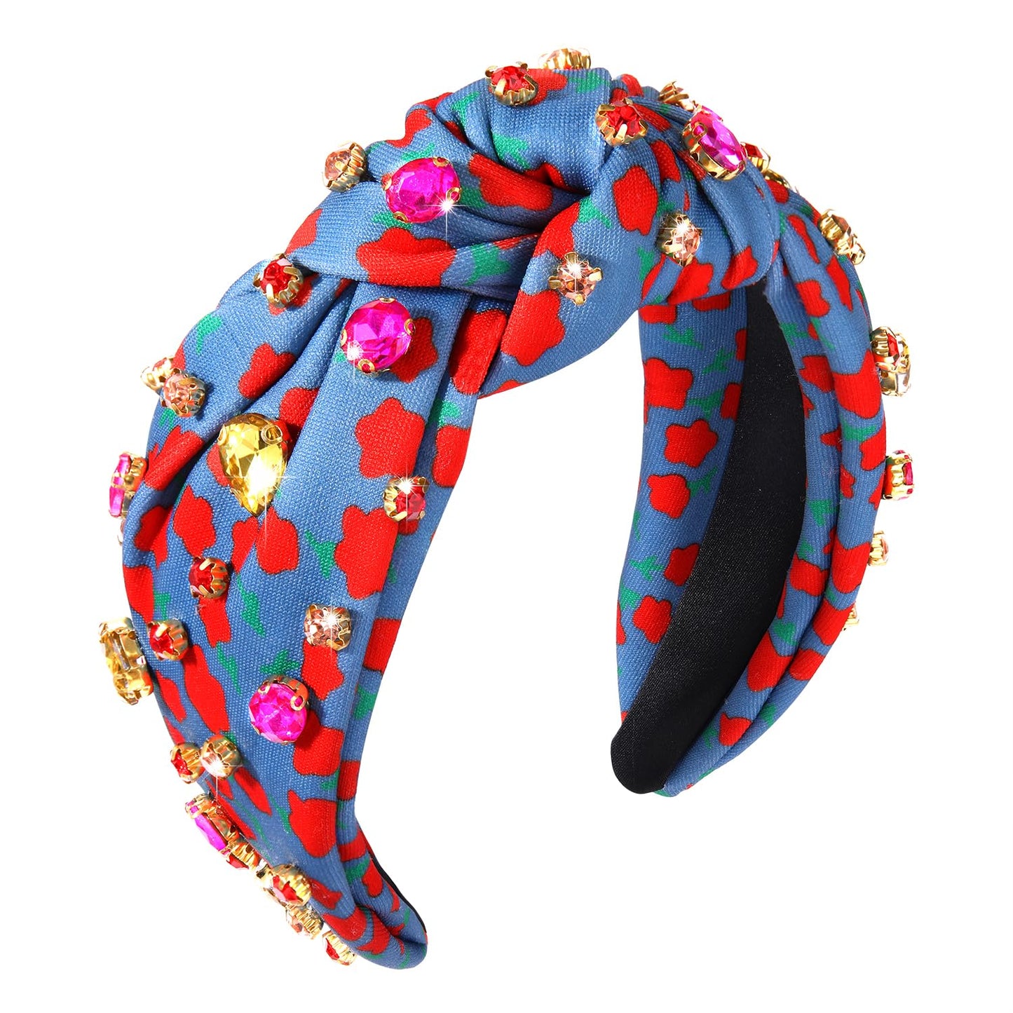 Crystal Knotted Headband for Women Sparkle Rhinestone Embellished Flower Printed Wide Top Knot Hairband Colorful Fashion Floral Twist Hair Hoop Summer Holiday Party Hair Accessories (Red Flower)