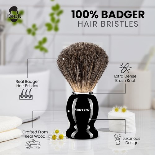 Perfecto 100% Pure Badger Shaving Brush - Black Handle for Ultimate Shaving Experience | Ideal for Safety, Double Edge, and Straight Razors