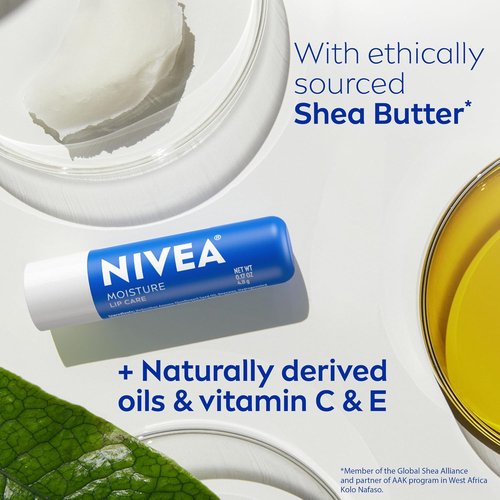 NIVEA Moisture Lip Care - Hydrating Lip Balm with Shea Butter & Nourishing Oils | 3-in-1 Moisture, 0.17 Oz Stick, Pack of 4