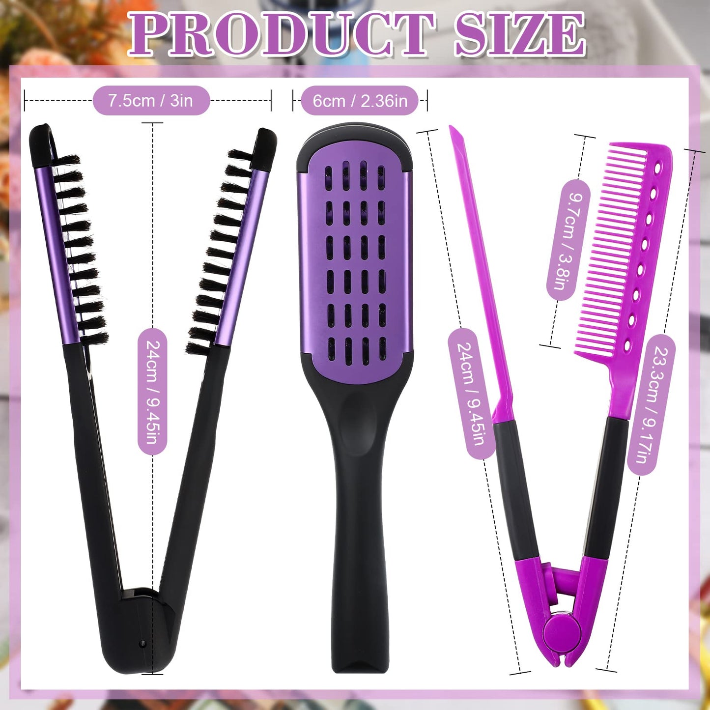 Chengu 2 Pcs Boar Bristles Double Sided Brush and Flat Iron Comb for Hair Straightening and Styling Knotty Unkempt Hair (Black, Purple)