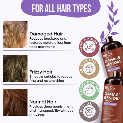 DEL SUR Hair Repair Shampoo & Conditioner Set - 16 Fl Oz Each | Moisturizing with Camellia Japonica & Biotin