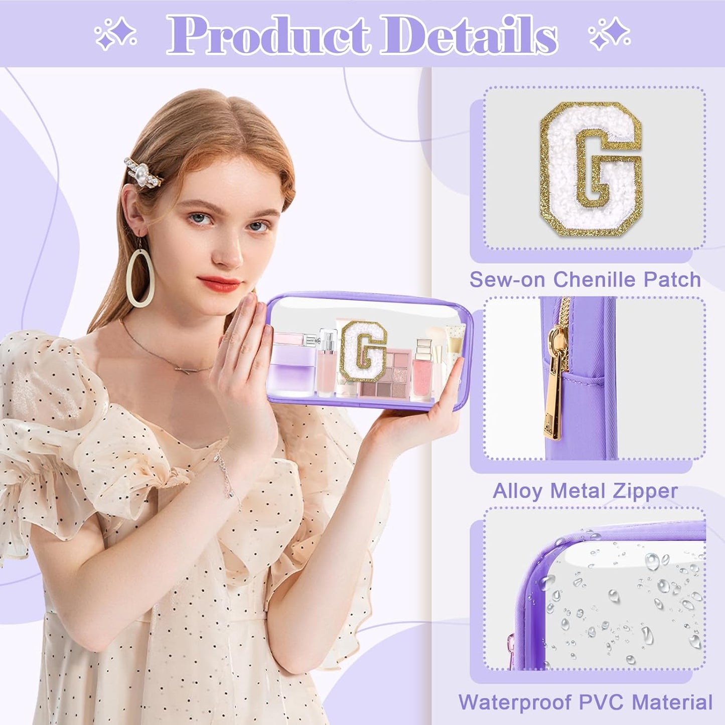 UIXIZQ Personalized Initial Letter Clear Makeup Bag - Preppy Nylon & PVC Cosmetic Zipper Bag | Travel Toiletry Organizer for Teen Girls & Women, Monogrammed Gift