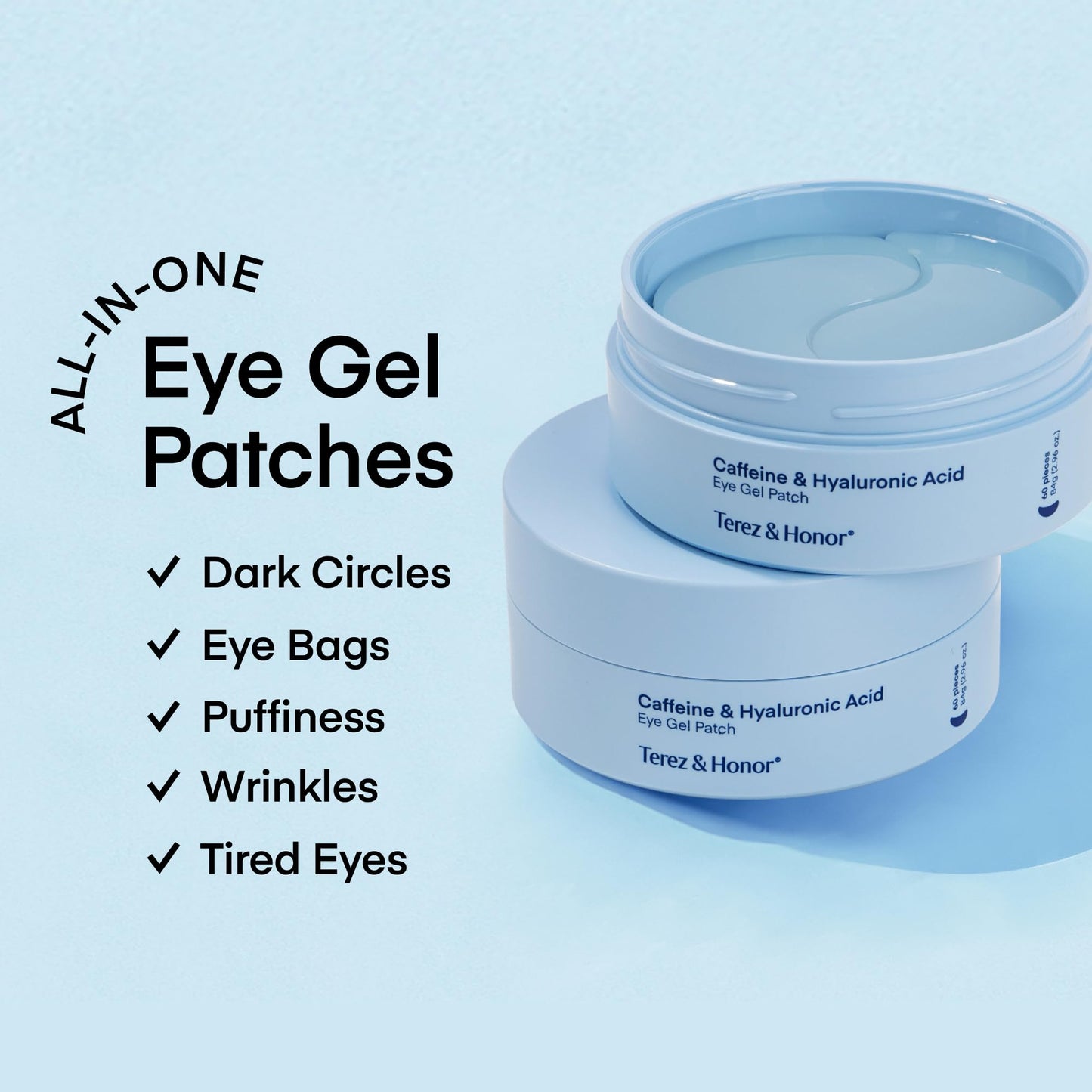 Terez & Honor Under Eye Patches for Dark Circles - 60 Korean Hydrogel Masks for Puffiness, Bags, Wrinkle with Caffeine, Hyaluronic Acid, Niacinamide - Undereye Hydrating & Cooling, Vegan, No Fragrance