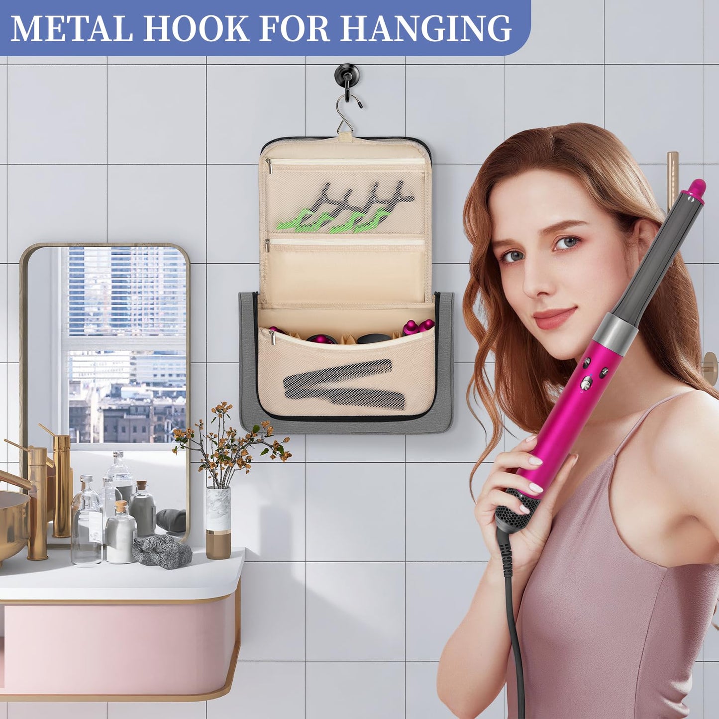 WELIDAY Travel Storage Bag Compatible with Dyson Airwrap Styler, Portable Travel Organizer for Hair Curler and Attachment with Multi-pockets (Front Open Design, Gray)