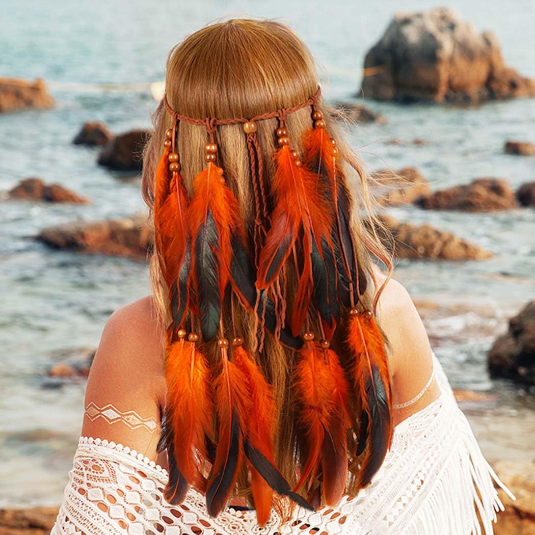 GORTIN Boho Feather Headband Hippie Headband Gypsy Feather Headpiece Indian Costume Headwear Hair Accessory for Women (C-Orange, One size)