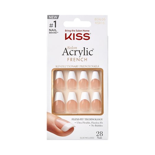 KISS Salon Acrylic, Press On Nails, Nail glue included, 'Je T'Aime', White, Medium Size, Coffin Shape, Includes 28 Nails, 2g glue, 1 Manicure Stick, 1 Mini File