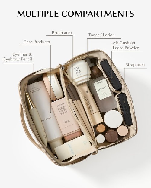 EACHY Travel Makeup Bag, Satin Portable Compartment Toiletry Bags for Traveling Women, Large Capacity Cosmetic Bag with Handle & Compartments
