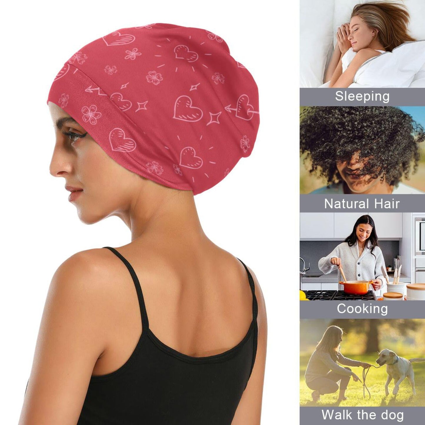 ElliTarr Beanie Hat Satin Bonnet Lined Sleep Cap Hair Wrap Cover Slouchy Beanie for Curly Hair Protection for Gifts for Men Women Valentines Day Heart Floral Red