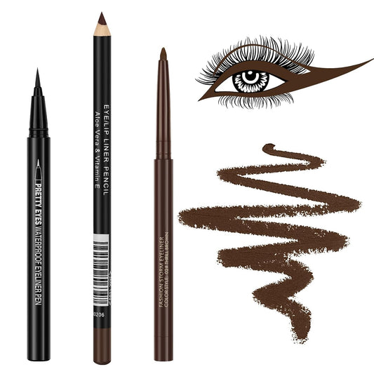 Skiennix Eyeliner Set - 3 In 1 Waterproof Kit with Brown Liquid & Pencil | Long-Lasting, Smudge-Proof