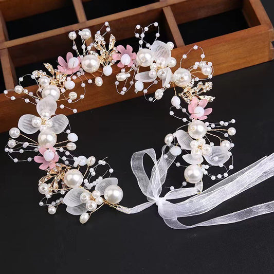 Kids Flower Girl Pearl Headband, Princess Headpiece for Bridal Wedding, Women's Fashion Hair Accessory (Pink)