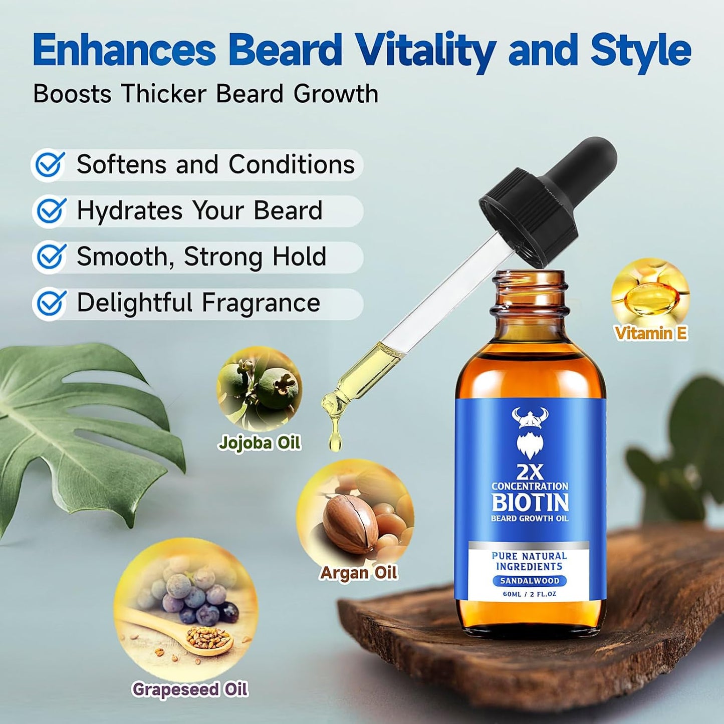 Skiennix Beard Growth Oil - 2X Biotin Concentration for Men (2 oz) - Natural Argan & Jojoba Oil, Moisturizer & Softener (Sandalwood)
