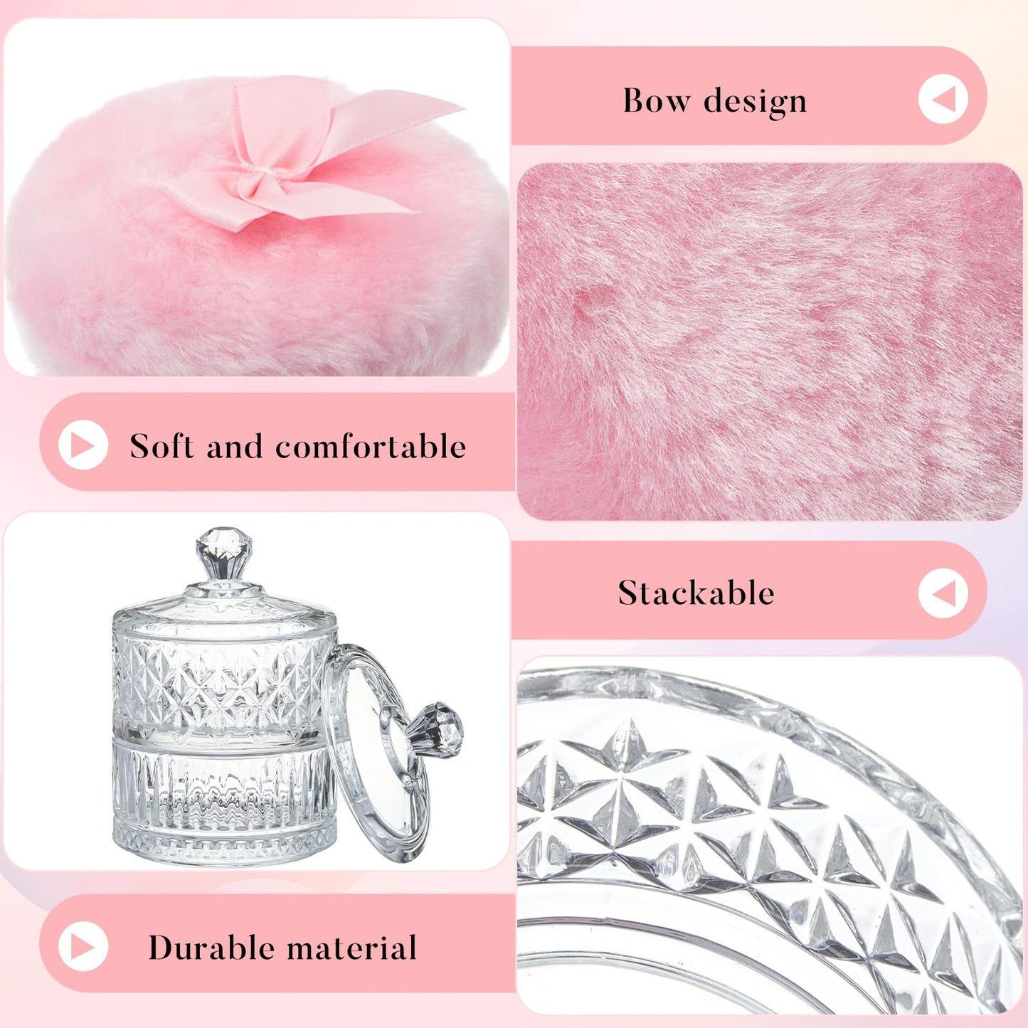 Tioncy 3 Pcs Large Body Powder Puff and Container Powder Container with Puff Crystal Case Soft Washable Reusable Velour Face Body Glitter Wet Dry Makeup(Diamond,Clear)