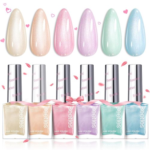 Beetles Nail Polish Set, 6 Colors Pearl Nail Polish Kit Pastel Pearl Shimmer Pink Orange Blue Green Dreamy Swirl Quick Dry Fingernail Polish Gifts for Women Salon DIY Manicure Kit - Easter Nails Art