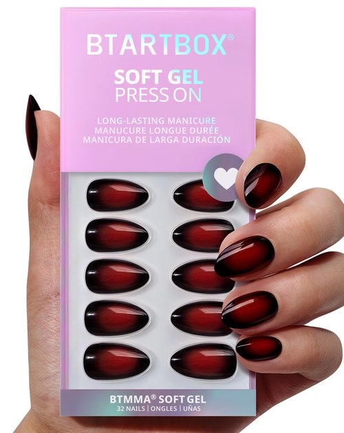 BTArtbox Press On Nails Short - Vampire Kiss, Red and Black Almond Halloween Press on Nails with Nail Glue, Soft Gel Glue On Nails in 16 Sizes - 32 Stick On Nails Kit