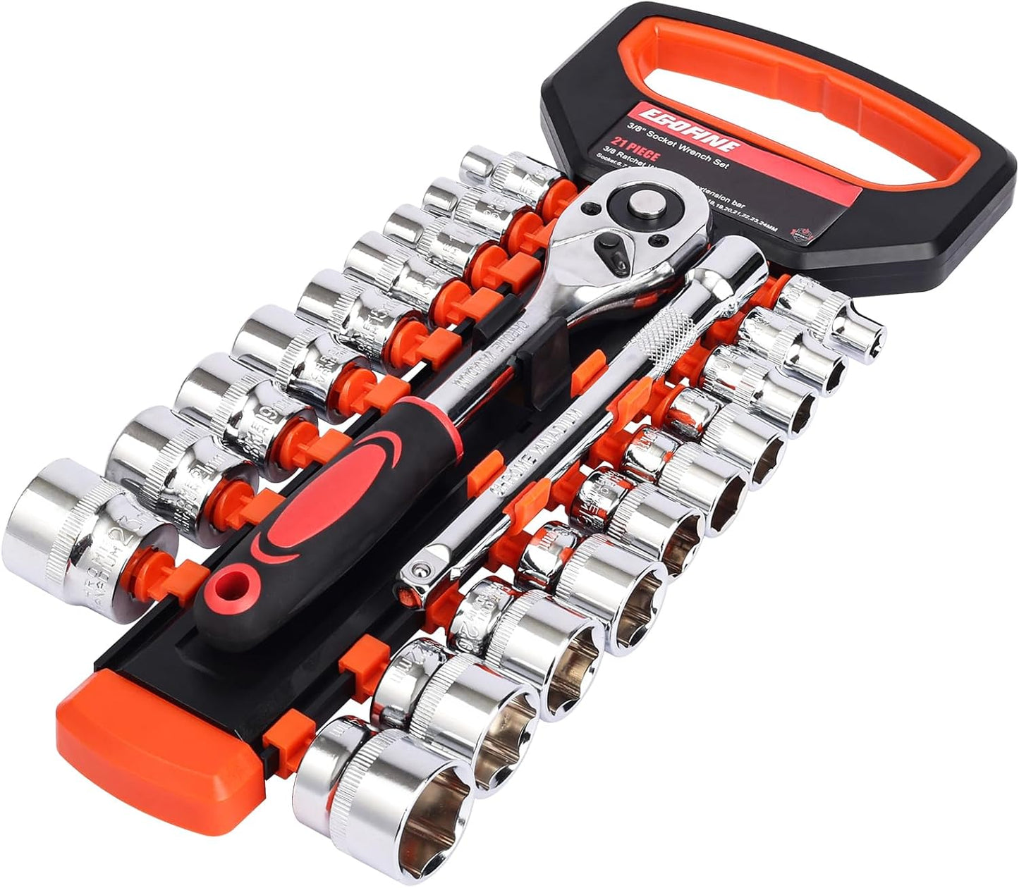 Egofine 21-Piece Ratchet Socket Wrench Set - 3/8 Inch Drive with 19 Sockets (6-24mm) & Quick Release Handle