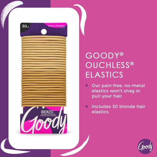 Goody Ouchless Hair Elastics – No Pull, No Breakage, Tangle-Free Hold for Thick, Curly, Coily & Textured Hair – 30 Count, Blonde, Long-Lasting Ponytail Holders for Women & Men