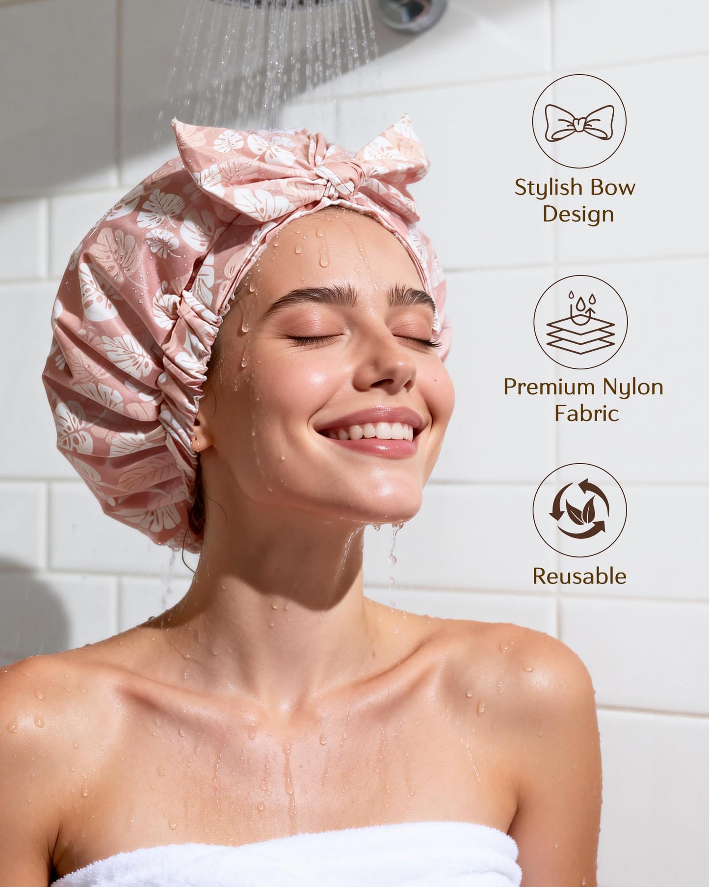 Yanibest Shower Cap for Women Reusable Waterproof, Adjustable Non-Slip Shower Hair Cap, Washable Bath Hat for Long Hair