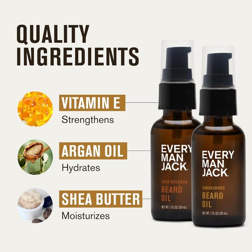 Every Man Jack Beard Oil - Aged Bourbon & Sandalwood Scent - Deeply Moisturizes & Softens - 1 fl oz (2 Pack)