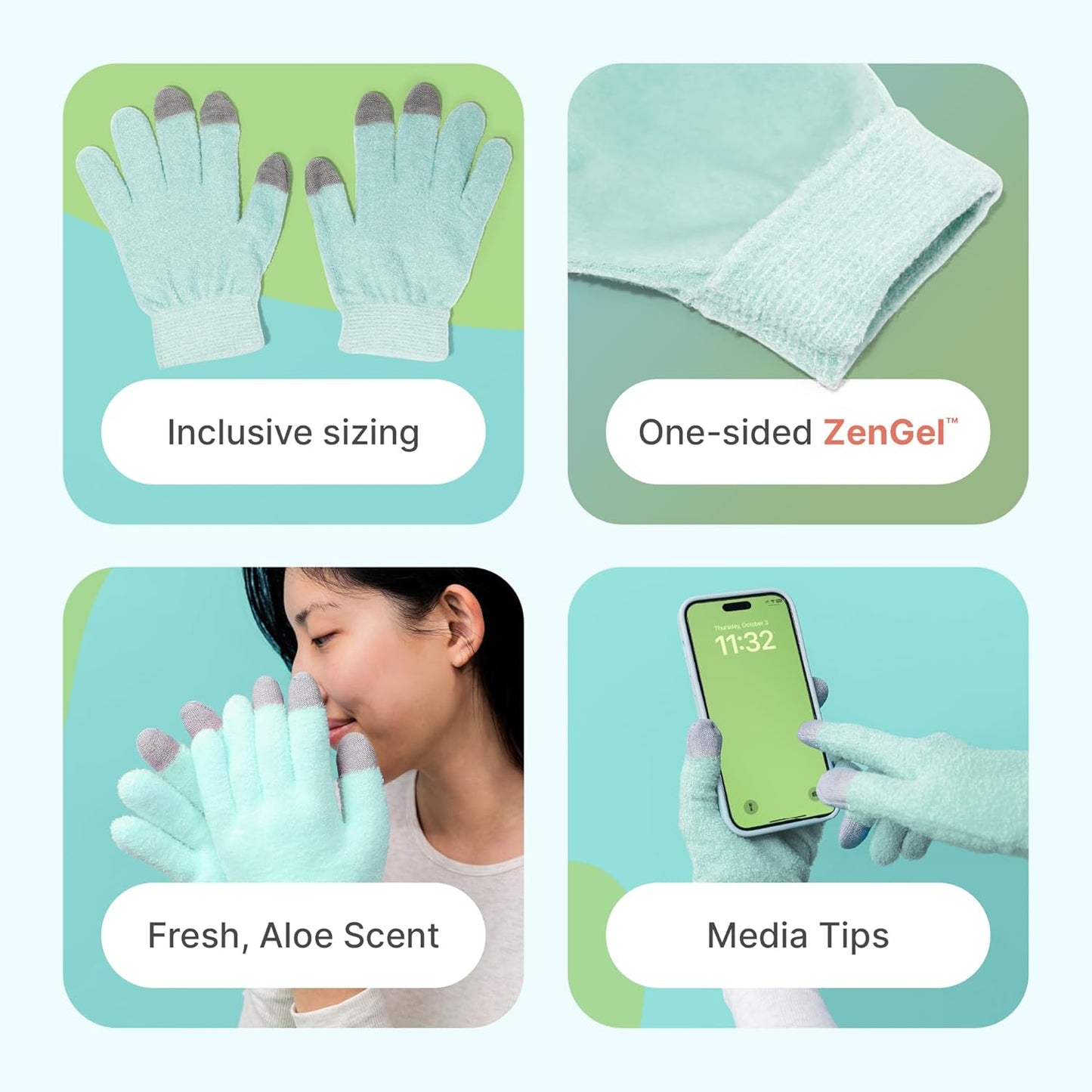 ZenToes Moisturizing Gloves - Gel-Infused Overnight Hand Treatment with Jojoba & Vitamin E | Fuzzy Mint Green