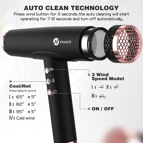 slopehill Professional Ionic Hair Dryer with Diffuser - Lightweight, Compact, Powerful & Fast Salon Blow Dryer with High Speed Brushless Motor for Travel, Women & Men Ceramic, Black LH1003