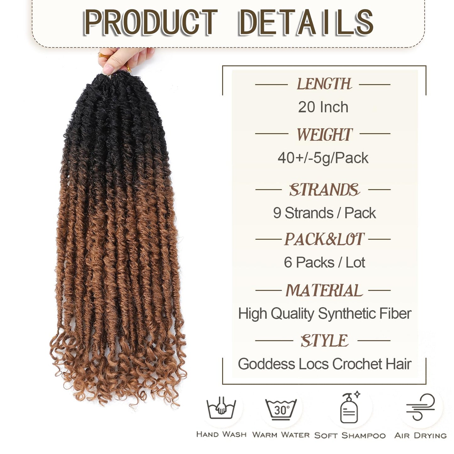 Mychanson Goddess Locs Crochet Hair,20 Inch 6 Packs Faux Pre Looped Locs Crochet Hair with Curly Ends Soft Distressed Locs Crochet Hair Extensions for Women-Brown 30#