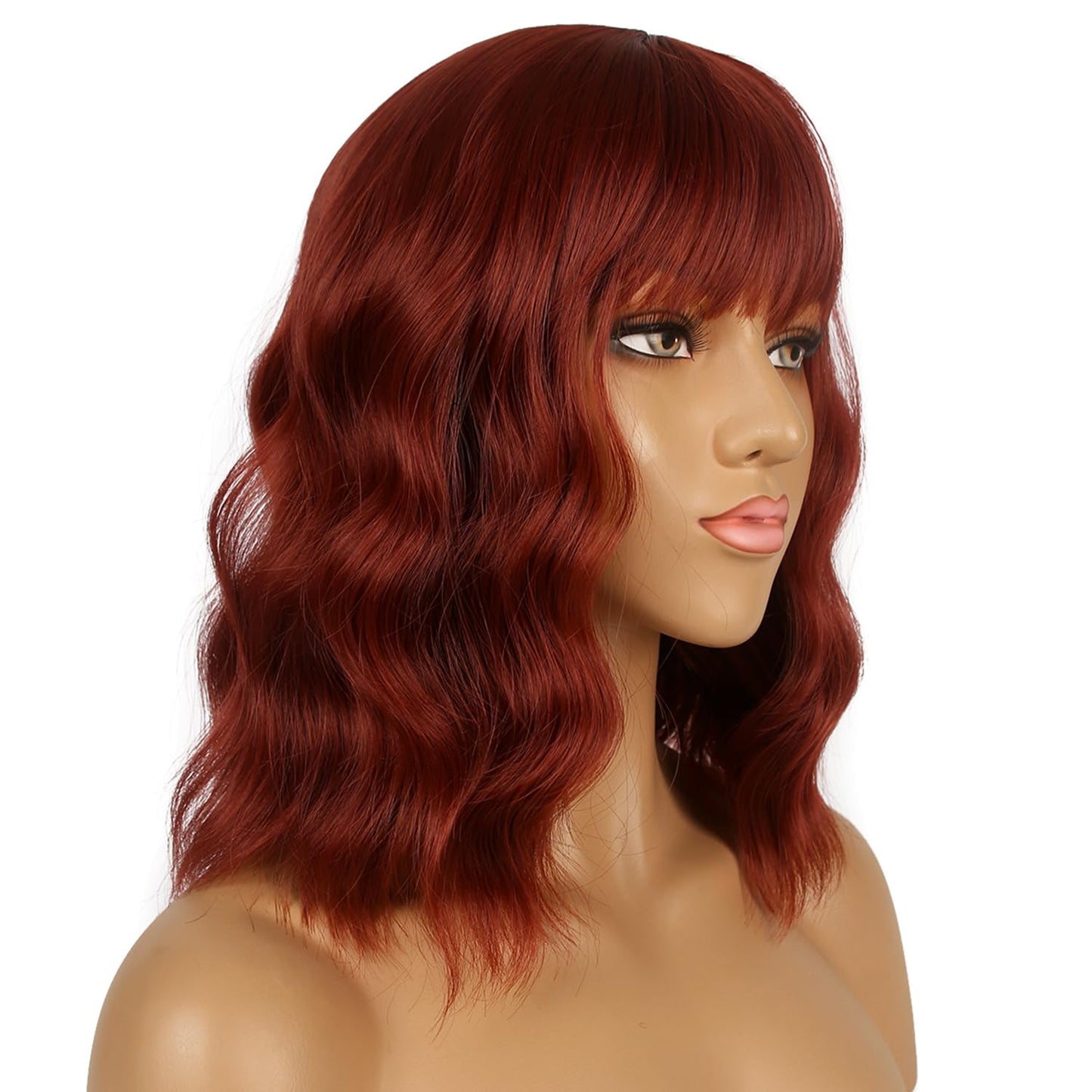 LANCAINI Short Bob Wigs with Bangs for Women Loose Wavy Wig Curly Wavy Shoulder Length Bob Synthetic Cosplay Wig for Girl Colorful Costume Wigs (Auburn)