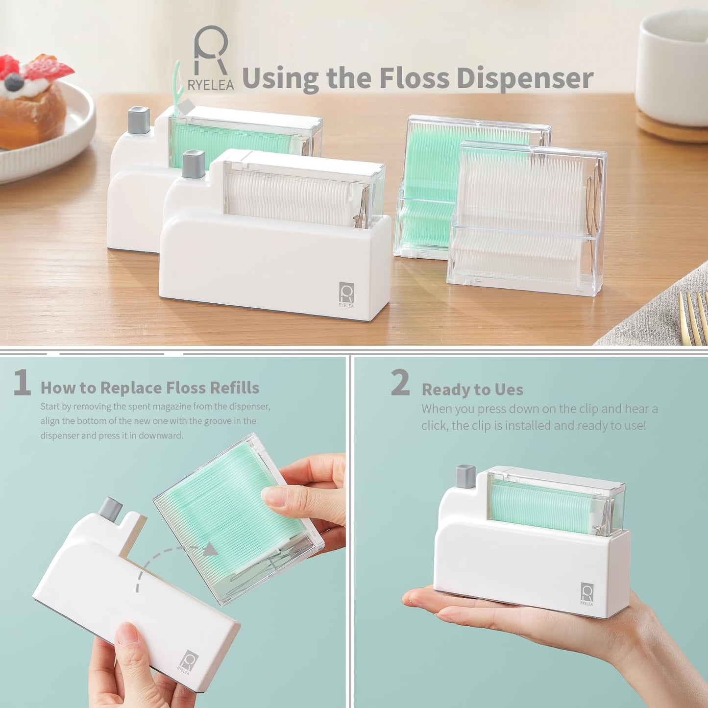 Ryelea Floss Pick Dispenser with 40 Count Double Thread Flossers, Cleaning Teeth More Deeply, Sealed Storage (White)