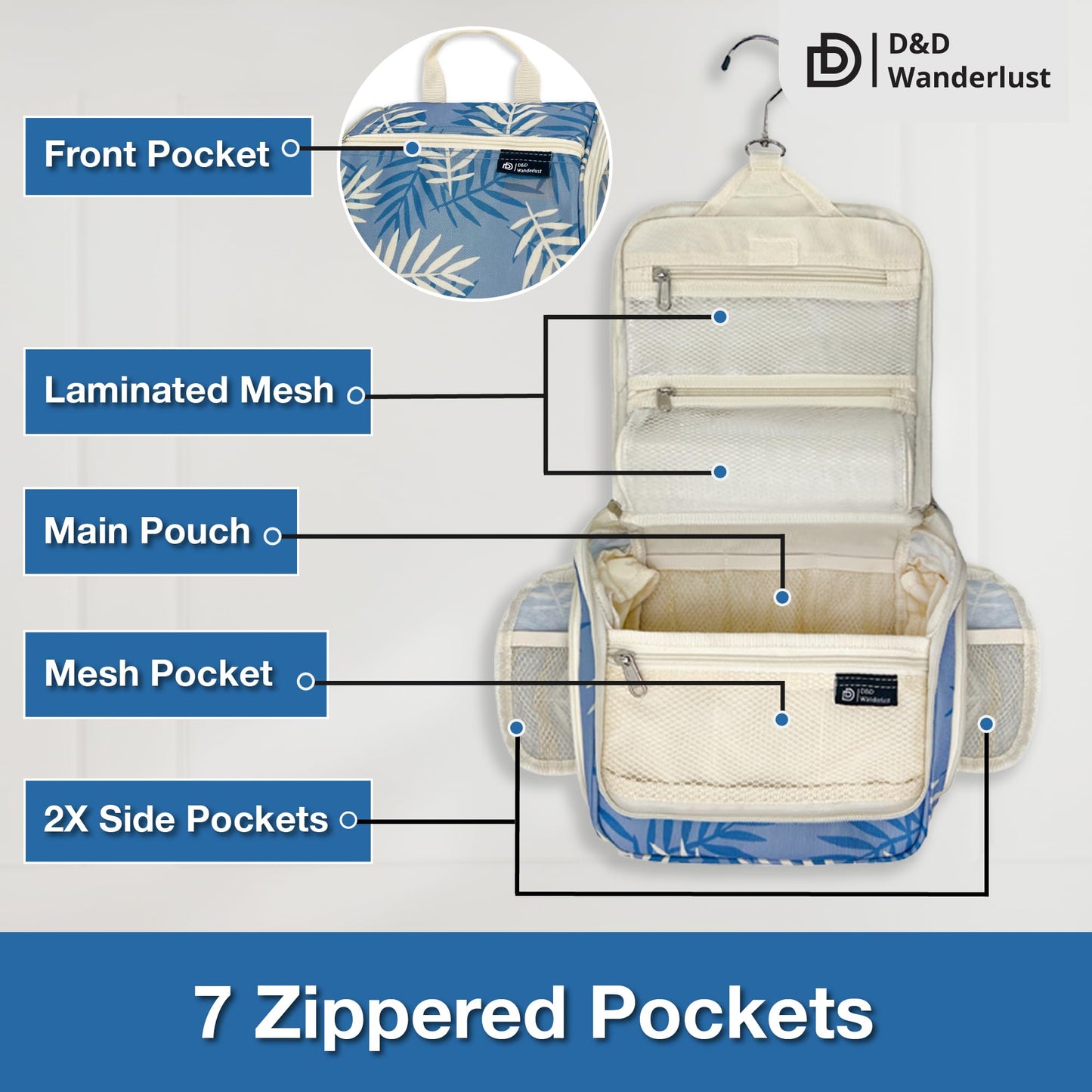 D&D Hanging Travel Toiletry Bag for Men and Women – Cosmetics, Makeup and Toiletries Organizer Kit with 10 Compartments, XXL Metal Swivel Hook, Water-Resistant Nylon