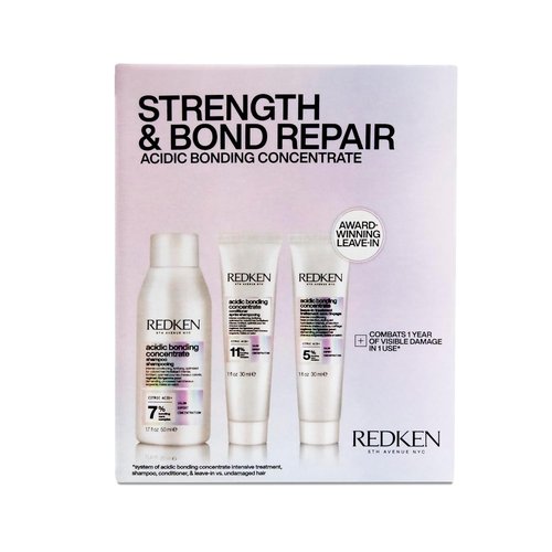 Redken Acidic Bonding Concentrate Mini Kit - Strengthening Shampoo, Conditioner & Leave-In Treatment for Damaged Hair | Reduces Breakage & Split Ends, Travel Size
