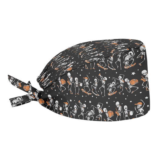 JEOCODY Halloween Skeleton Pumpkin Print Men Women Cap Working Hat One Size Waterproof Adjustable Tie Back Cap with Sweatband, Breathable Work Cap