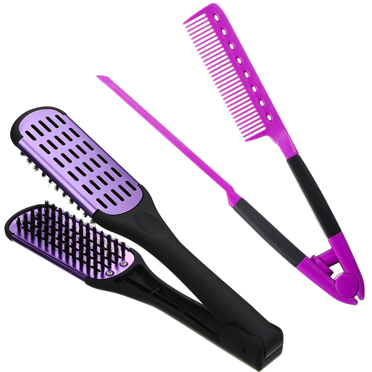 Chengu 2 Pcs Boar Bristles Double Sided Brush and Flat Iron Comb for Hair Straightening and Styling Knotty Unkempt Hair (Black, Purple)