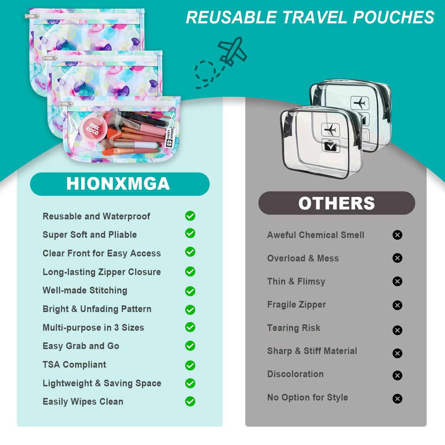 HIONXMGA TSA Approved Toiletry Bag, Set of 3 Clear Travel Toiletry Bag Quart Size Zipper Travel Pouch, Waterproof Makeup Cosmetic Bag for Women Men Kids Toiletries Carry on, Watercolor