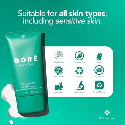 Doré Gel to Milk Daily Face Cleanser - Gentle Hydrating Makeup Remover for Dry & Sensitive Skin (5 fl oz | 150 ml)