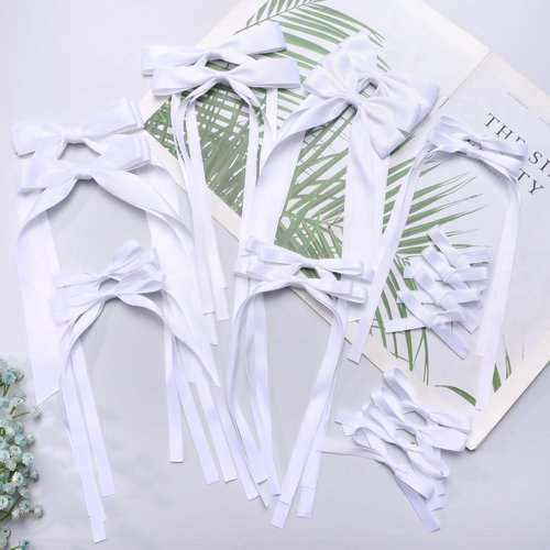 20PCS White Hair Bows for Women, Hair Ribbons for Girls Hair, 12PCS Long Tassel Bowknot Ponytail Holder and 8PCS Short Tail Hair Clips, Solid Silky Hair Barrettes Satin Hair Accessories