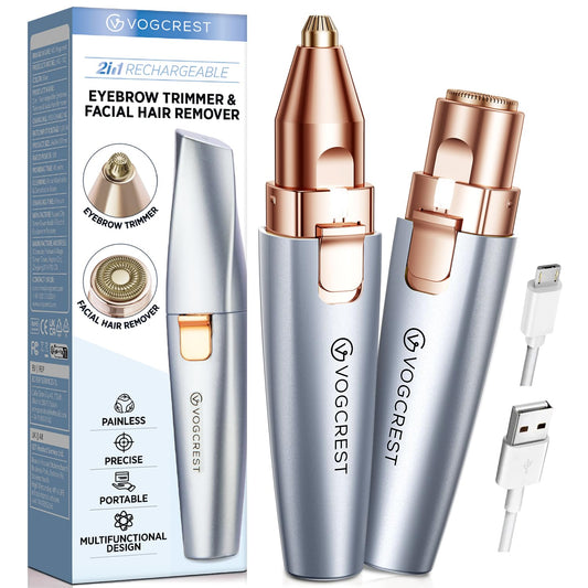 VG VOGCREST Eyebrow Facial Trimmer: 2 in1 Rechargeable Facial Hair Removal and Eyebrow Shaver - Face Lips Body Painless Facial Razor with Built-in LED Light (Sky Blue)