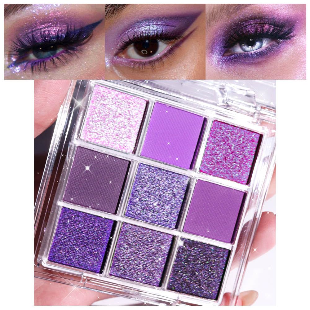 Evpct Purple Glitter Eyeshadow Palette - Highly Pigmented Metallic Shimmer | 9 Vibrant Colors for Stunning Eye Looks