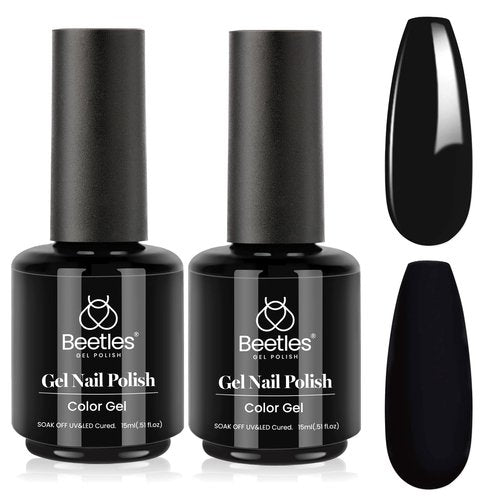Beetles Black Gel Polish 2Pcs 0.51Fl.OZ Pure Black Gel Nail Polish Set 15ml Dark Base Color Soak Off Uv Nail Lamp Art Manicure DIY Design Gift for Women Long Nights Collection