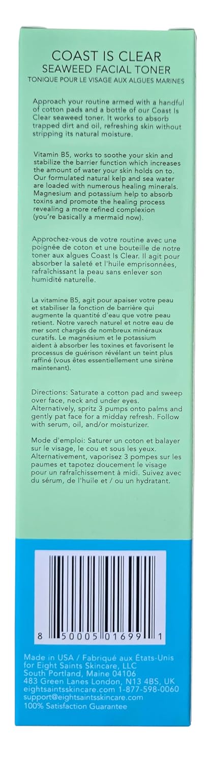 Eight Saints Coast Is Clear Seaweed Anti-Aging Face Toner - Natural, Alcohol-Free, Minimizes Pores | 6 Ounces