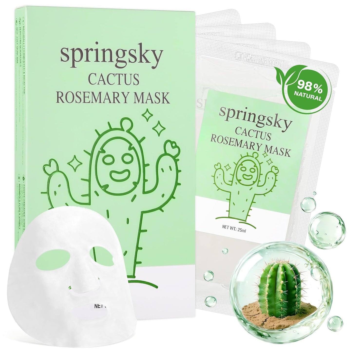 SPRINGSKY Hydrating Face Mask - Natural Cactus & Centella Asiatica for 24HR Moisture | 4 Count