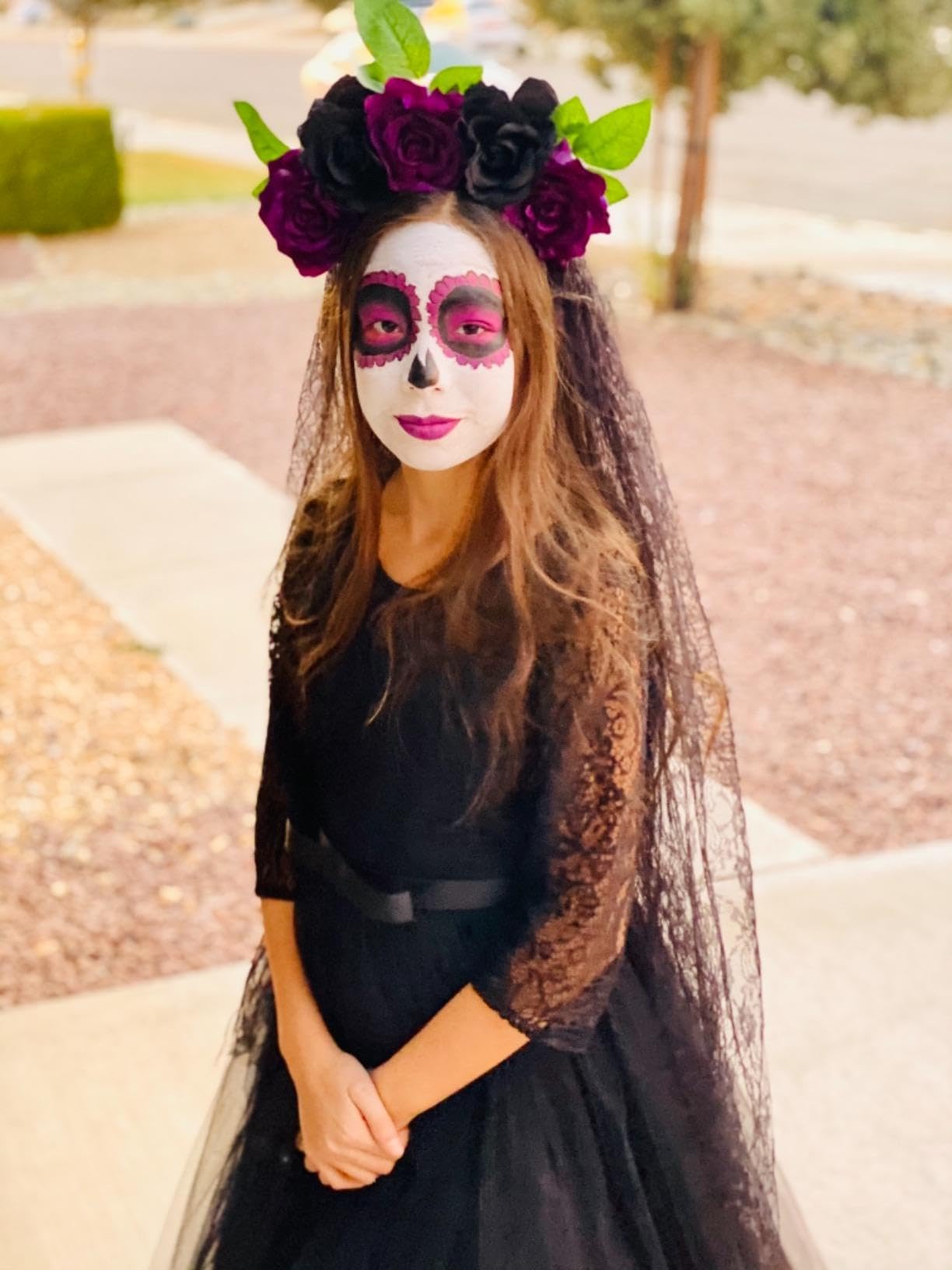 Vividsun Day of The Dead Veil Headband Floral Crown Halloween Costume Rose Flower Headband (black purple)