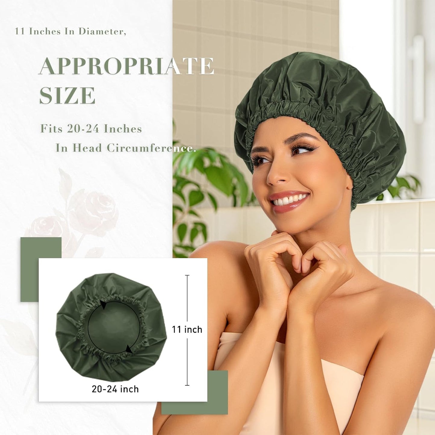 Skiennix Reusable Shower Cap - Large Waterproof Bath Hair Hat for Long Hair & Braids | Green