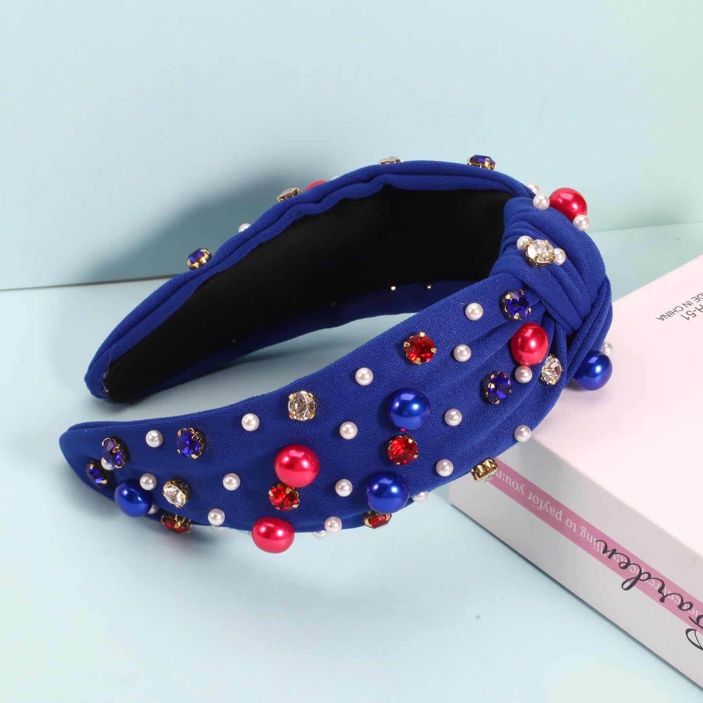 Ardorchid 4th of July Headbands for Women Girls Red White and Blue Pearl Knottted Headband Fourth of July Patriotic Wide Headband Rhinestone Hair Accessories Hair Hoop Party Favor Gifts