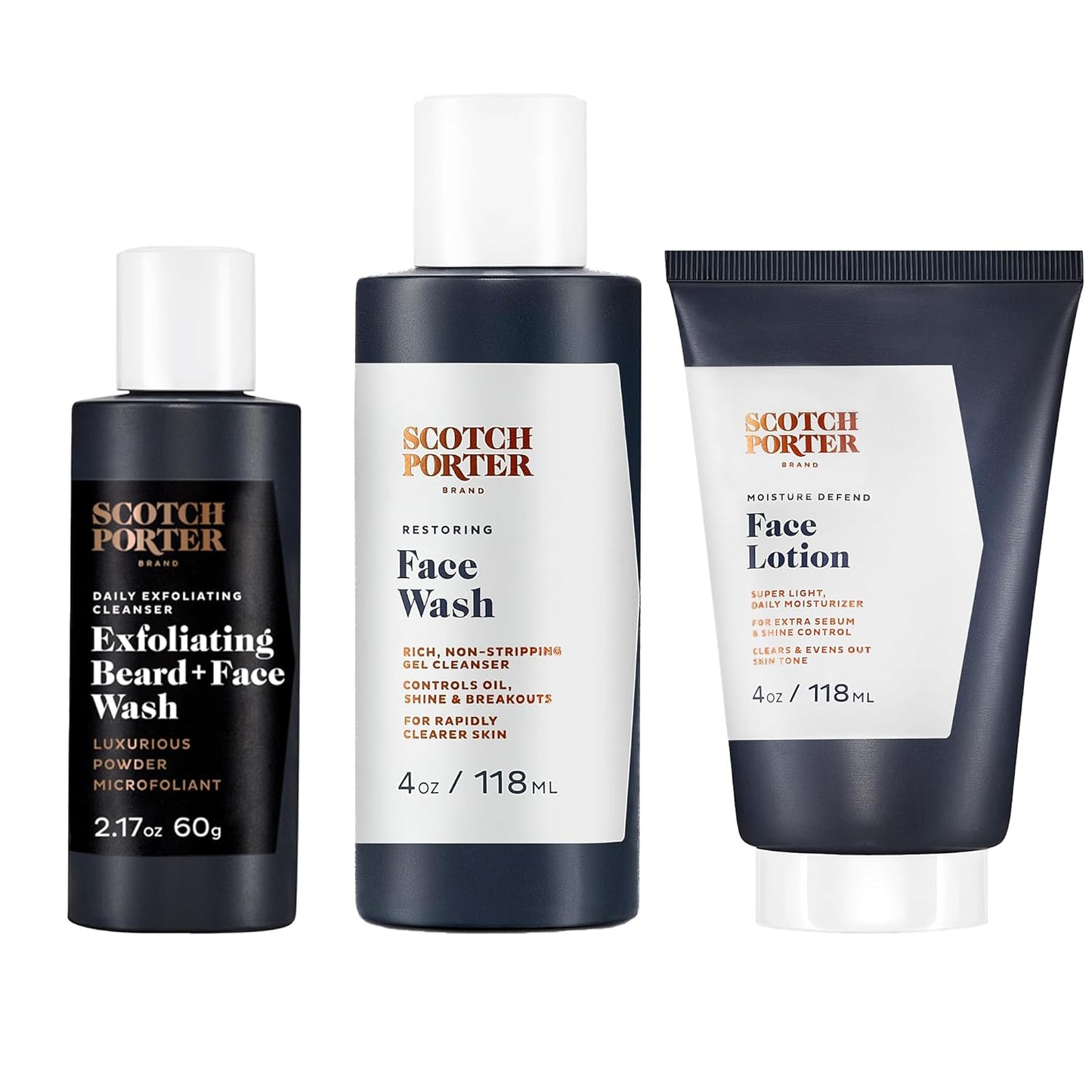 Scotch Porter Men's Face Care Collection - Exfoliate, Cleanse, Moisturize & Defend Skin | Includes Wash & Lotion