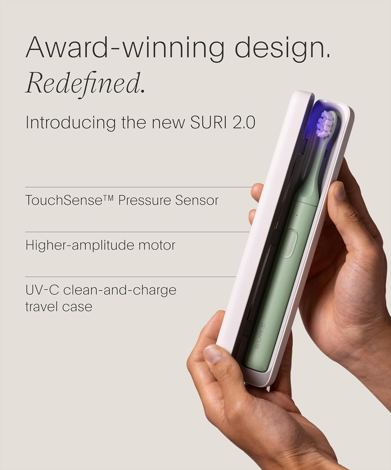SURI 2.0 Sonic Electric Toothbrush - Pressure Sensor & UV-Cleaning Case | 1 Month+ Battery | Green
