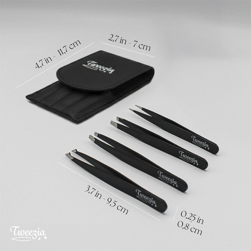 TWEEZIA Stainless Steel Tweezer Set - 4 Precision Tweezers with Mirror & Leather Case - Ideal Eyebrow Kit, Ingrown Hair Tweezers, Splinter Removal Kit or Pointed Tweezers for Beauty and Personal Care
