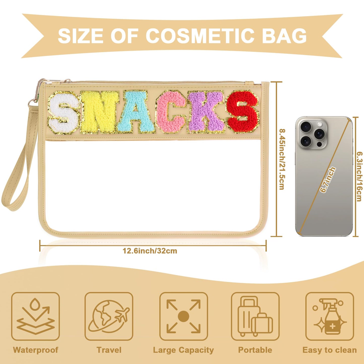 Snack Bag for Travel - Clear Chenille Varsity Letter Flat Pouch with Zipper, Waterproof Clear PVC&PU Preppy Patch Makeup Cosmetic tote Bags for Women Girls (Beige-Snacks)