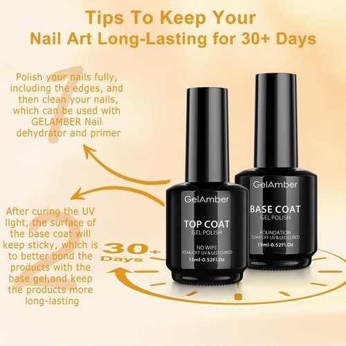GELAMBER 2Pcs 15ml Gel Top Coat and Gel Base Coat, No Wipe Top and Base Gel Polish Kit, High Glossy Shine Long Lasting Soak Off Nail Art for Home DIY and Professional Manicure Gift