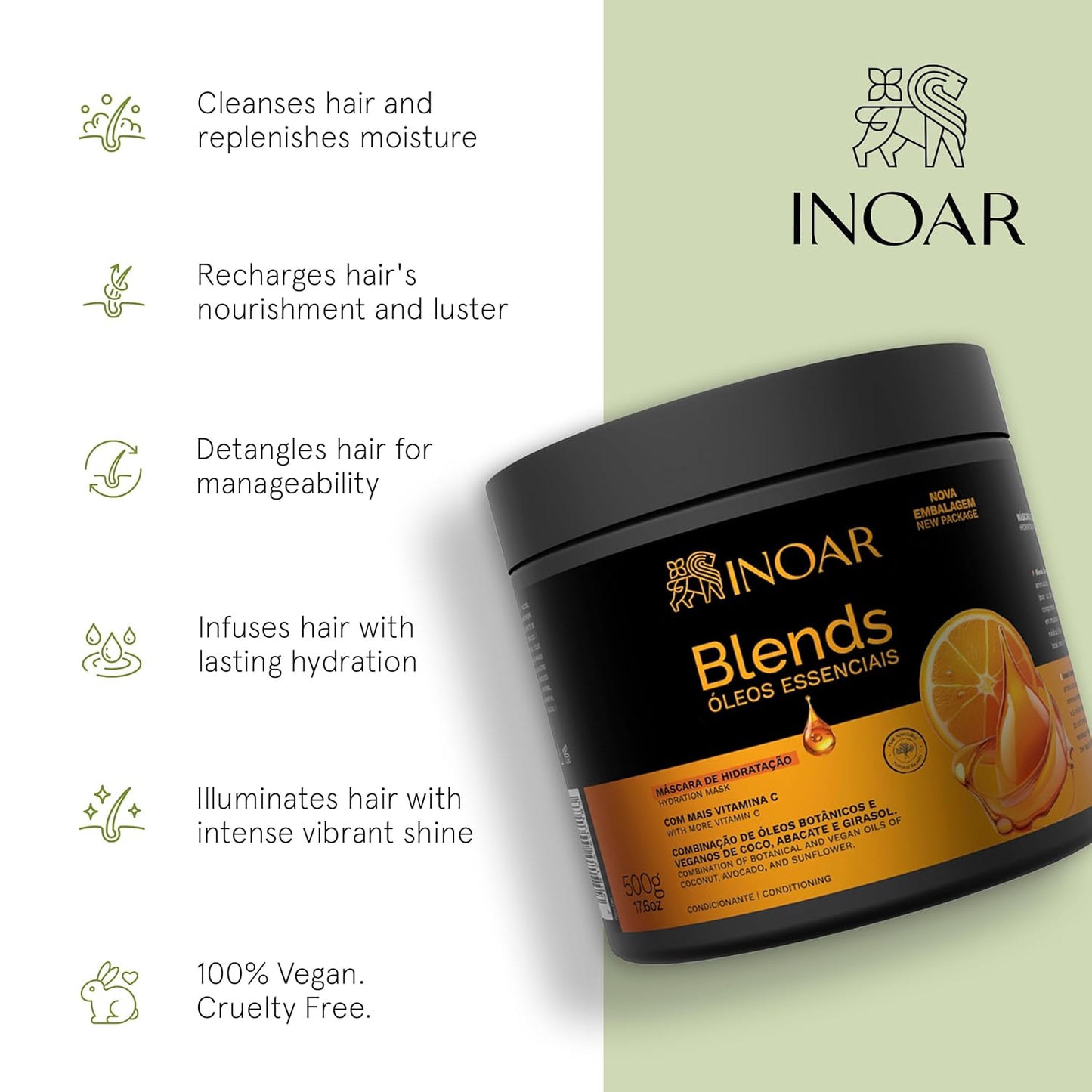 INOAR Blends Hair Mask - Moisturizing Treatment with Vitamin C & Argan Oil for Dry Hair | 17.64 Fl Oz