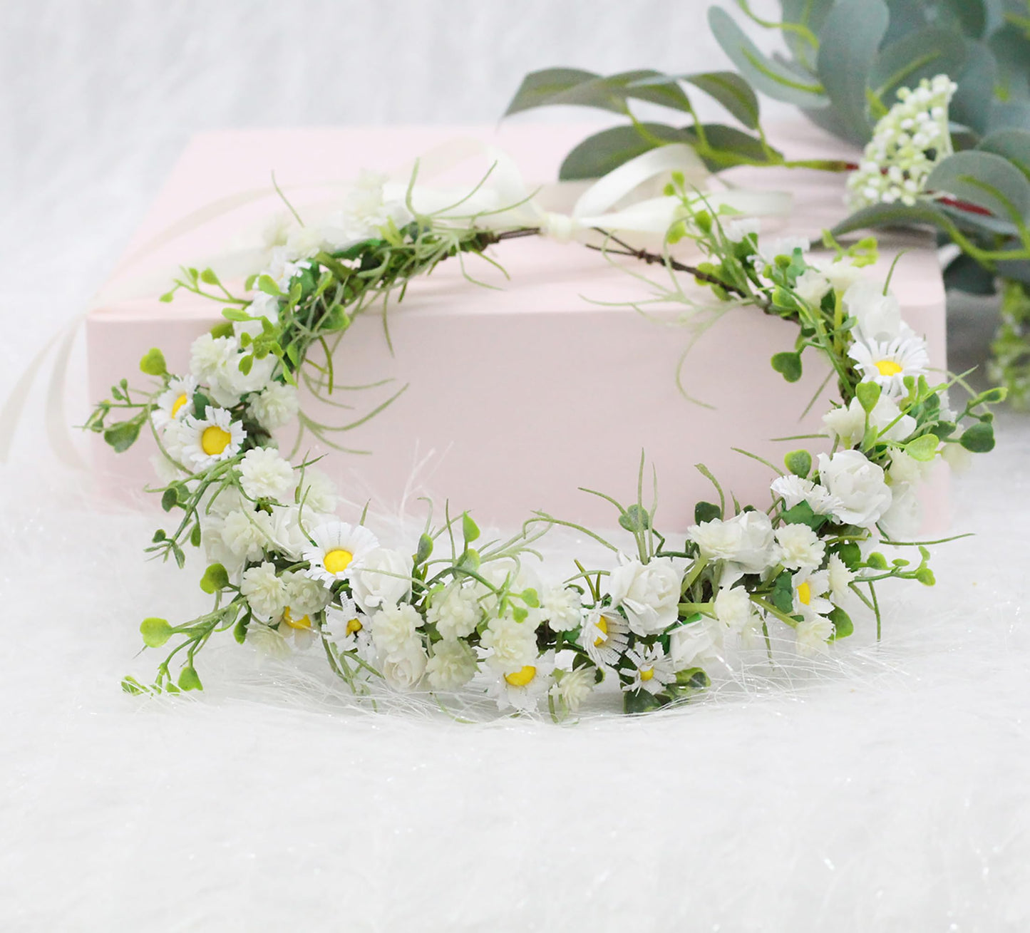 LLinfflr Women Floral Crown Rose Floral Headband Hair Wreath Flower Headpiece Halo Boho Party Prom Wedding Photos White