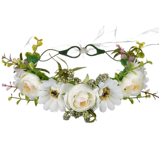 YnimioAOX Handmade Adjustable Flower Wreath Headband Halo Floral Crown Garland Headpiece,C11-white